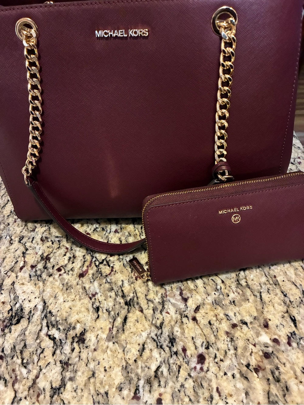 Michael Kors Burgundy Saffiano Leather Tote with Matching Zip-Around Wallet